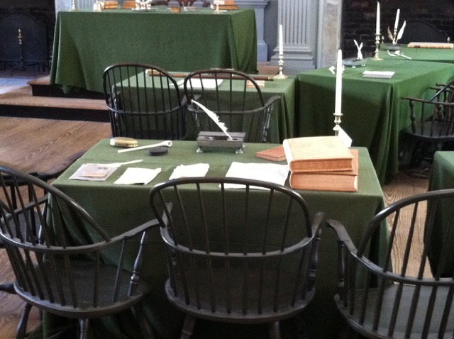 Photo of tables and chairs that were used to write the declaration of independence